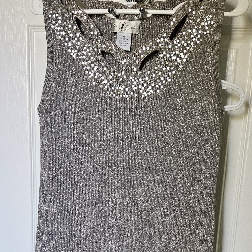 Vintage Silver Sleeveless Party Top with Embellished Neckline